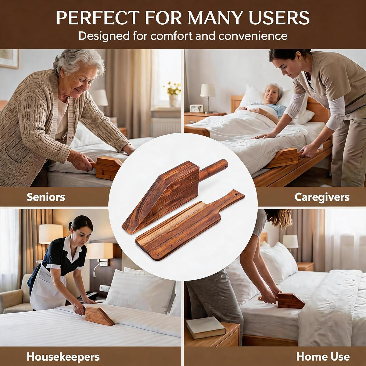 Mattress Lifter & Sheet Tucker Tool Set, Mattress Wedge Elevator, Bed Sheet Tucking Paddle, Used for Lifts & Holds The Mattress, Tucks Sheets, Removes Sheets, Alleviating Back Pain (Walnut)