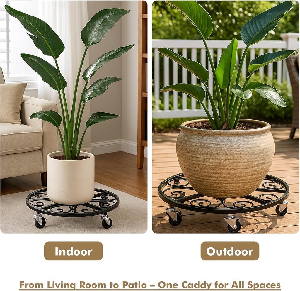 4 Pack Plant Caddy with Wheels 18 Inch Rolling Plant Stand for Large Plants Heavy Duty Plant Rollers Metal Plant Dolly Rustproof Planter Stand Wrought Iron Plant Stands Flower Cart Outdoor