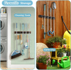 Brown Broom Holder Wall Mount - Heavy Duty Wood Mop and Broom Organizer with 5 Slots & 4 Hooks - Rustic Garden Tool Hanger for Laundry Room Closet Kitchen Garage Storage and Organization