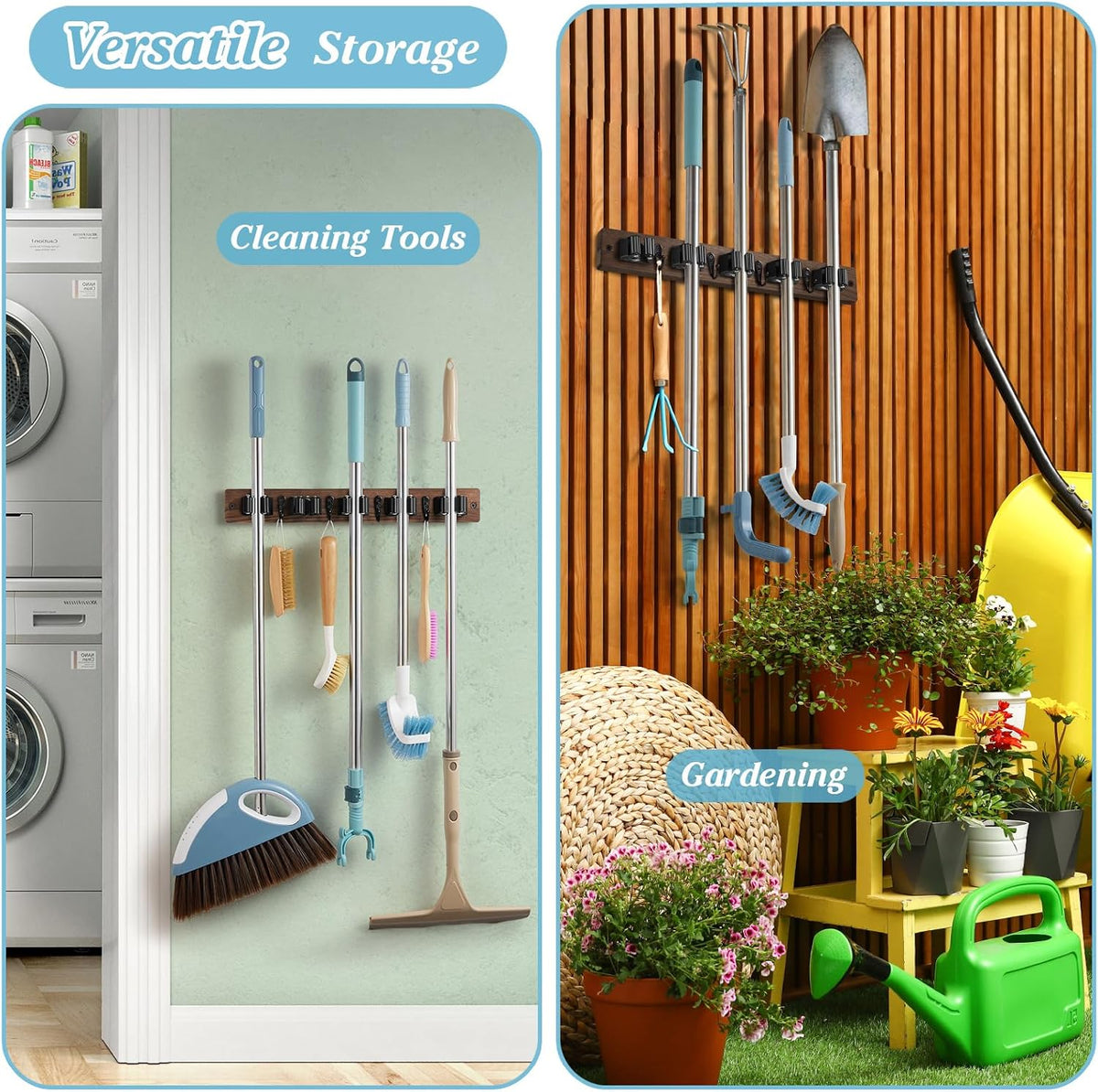 Brown Broom Holder Wall Mount - Heavy Duty Wood Mop and Broom Organizer with 5 Slots & 4 Hooks - Rustic Garden Tool Hanger for Laundry Room Closet Kitchen Garage Storage and Organization