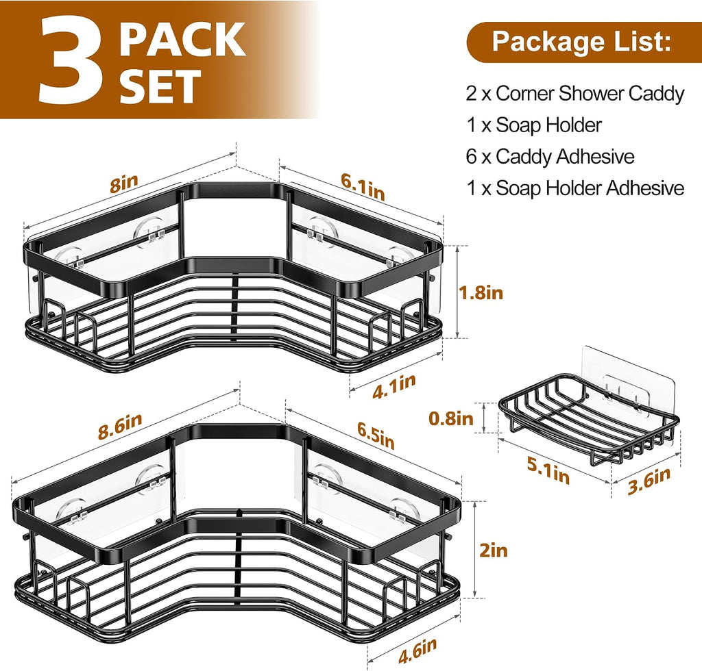 MAXIFFE 3 Pack Corner Shower Caddy with Soap Holder, Large Capacity Sturdy Easy Install No Drilling Stainless Steel Hold 40 LBS Shower Organizer Shelves Rack Storage for Family Renters Bathroom, Black