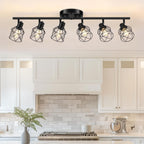 Baocuz 6-Lights Black Semi Flush Mount Ceiling Light, Multi-Directional Ceiling Light Fixtures, Rotatable Kitchen Track Lighting Fixtures with Wire Cages for Living Room, Dining Table, Foyer