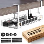 Under Desk Cable Management Tray, Xpatee Upgraded Wire Management No Drill No Screws, Cable Tray with Clamp for Wire Organizers, Computer Cord Rack for Office, Home - No Damage to Desk White