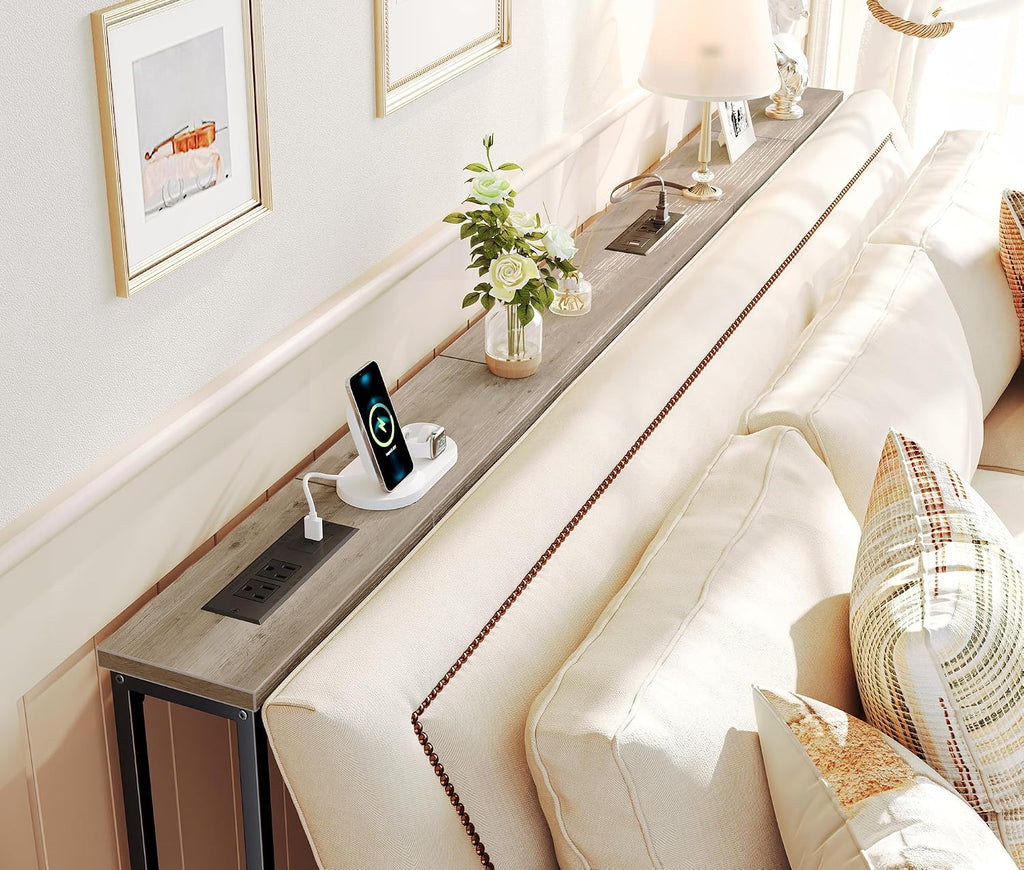 SUPERJARE 78.8 inch Narrow Behind Couch Table with 2 Charging Stations