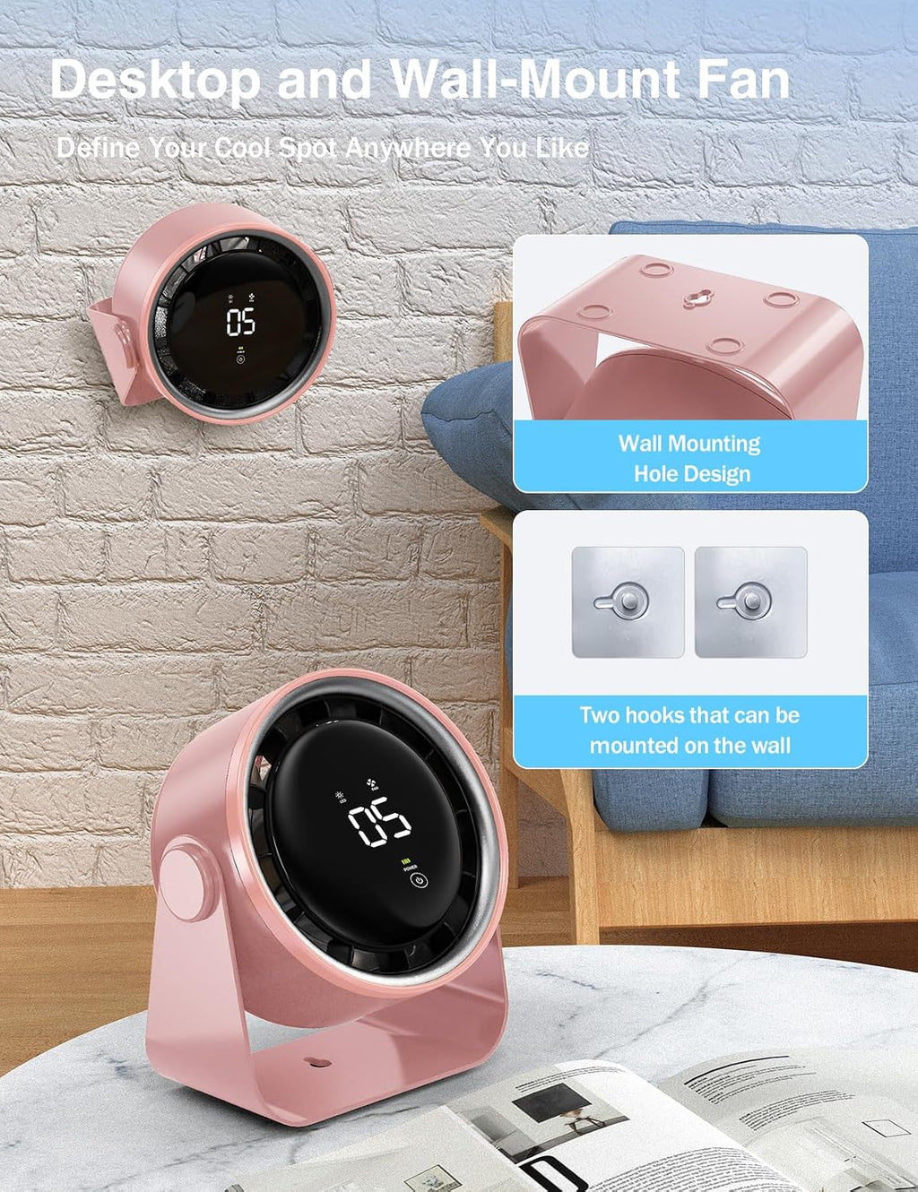 Small Desk Fan, Ultra-Quiet Desktop Air Circulator, Touch Screen Control, Multi-Speed Desktop Fan with LED Light, Quiet Table Fan for Bedroom, USB Rechargeable Small Fan for Desk(Pink)