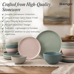 Sango 16-Piece Stoneware Dinnerware Set for 4, Satin Glazed Plates and Bowls Sets with Matte Finish, Ceramic Dish Set, Durable Kitchen Dishes, Microwave & Dishwasher Safe Dining, Rollo Artist's Blend