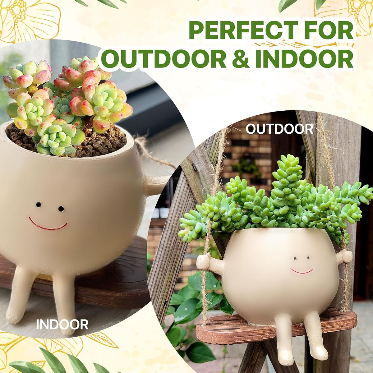 2 PCS Swinging Face Plant Pots 【Thicken Version】 Unique Cute Hanging Succulent Cactus Flower Head Resin Planters Pots for Indoor & Outdoor, Creative Novelty Decorative Planter Gift for Home Garden