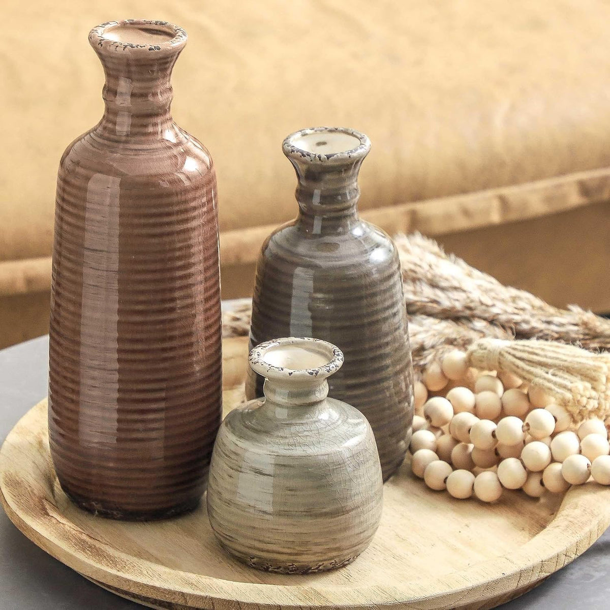 Ceramic Vases Set of 3, Neutral Rustic Farmhouse Vases Home Decor Decorative Flower Vase Modern Boho Pampass Vase for Table Mantel Entryway Shelf Living Room Kitchen Bathroom - Brown