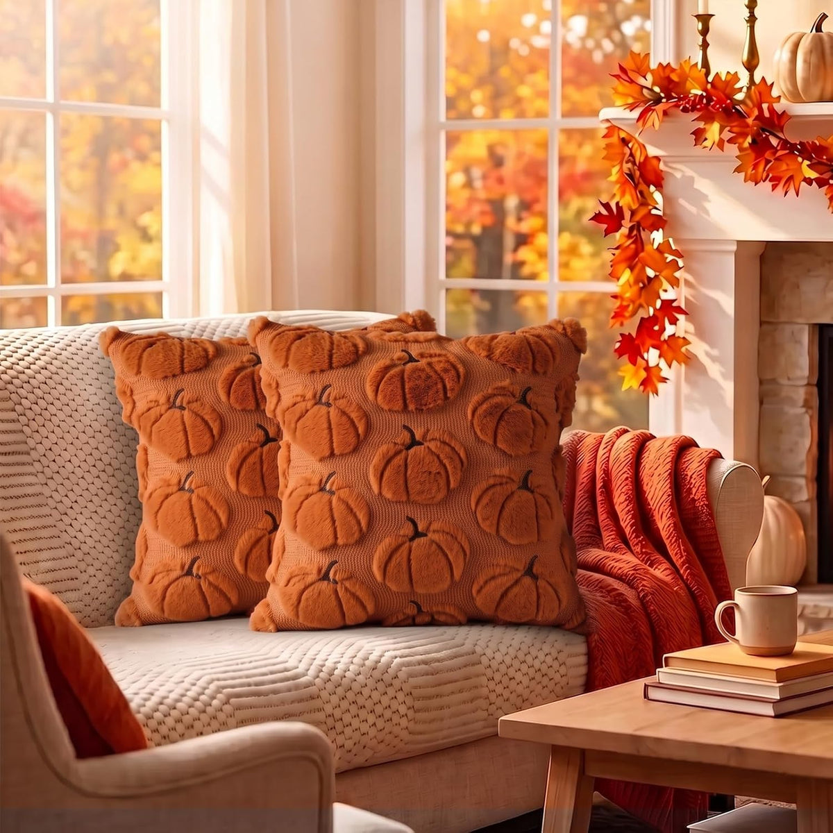 Fall Pillow Covers Pumpkin Fall Decor 18x18 Set of 2 Caramel
