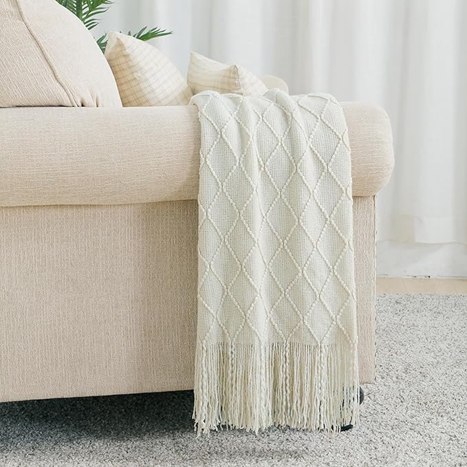 BOURINA Beige Throw Blanket 50 x90 Inches Throw Textured Solid Soft Sofa Throw - Image 2