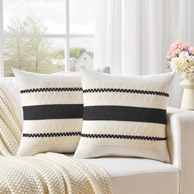 Fancy Homi Set of 1 Boho Black Decorative Throw Pillow Cover 18x18 Inch - Image 2