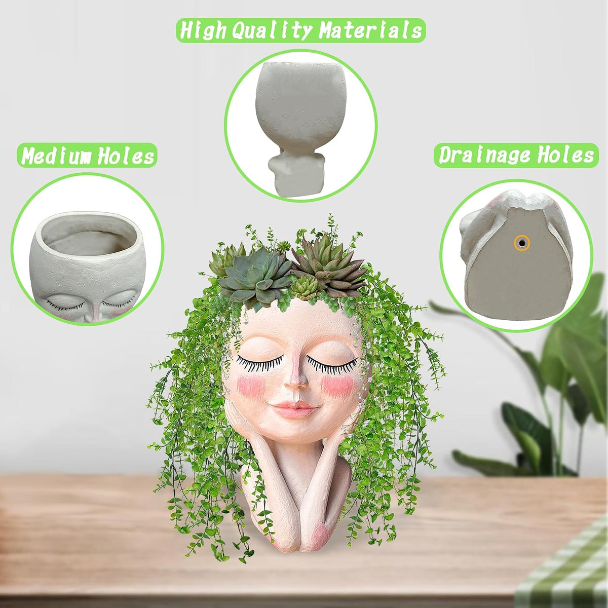 Head Planter Pot, Face Flower Pots with Drainage Resin Cactus Planter
