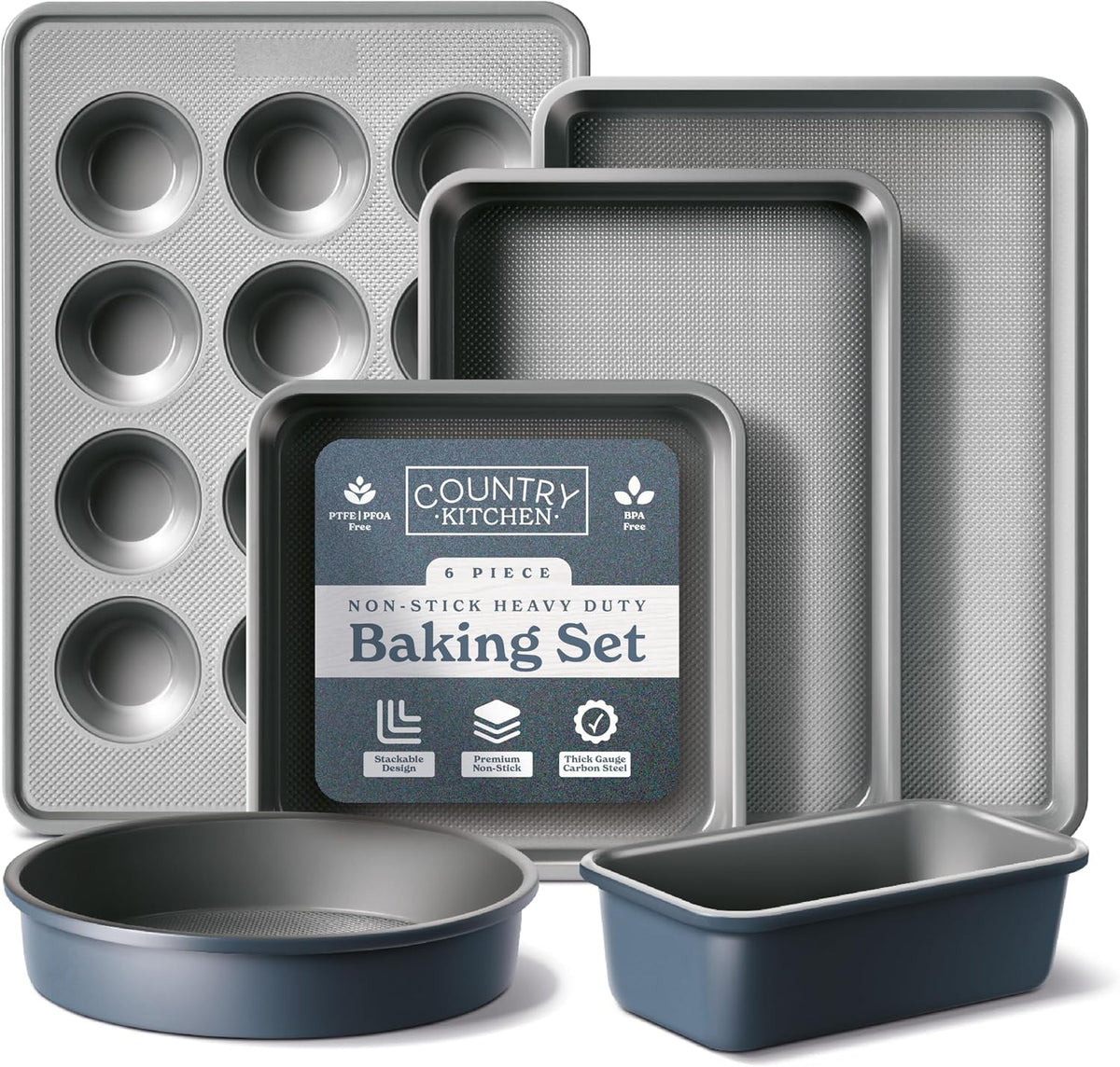 Country Kitchen Nonstick Stackable Bakeware Set - Durable, Easy Release Baking Set, Navy, 6 Pcs