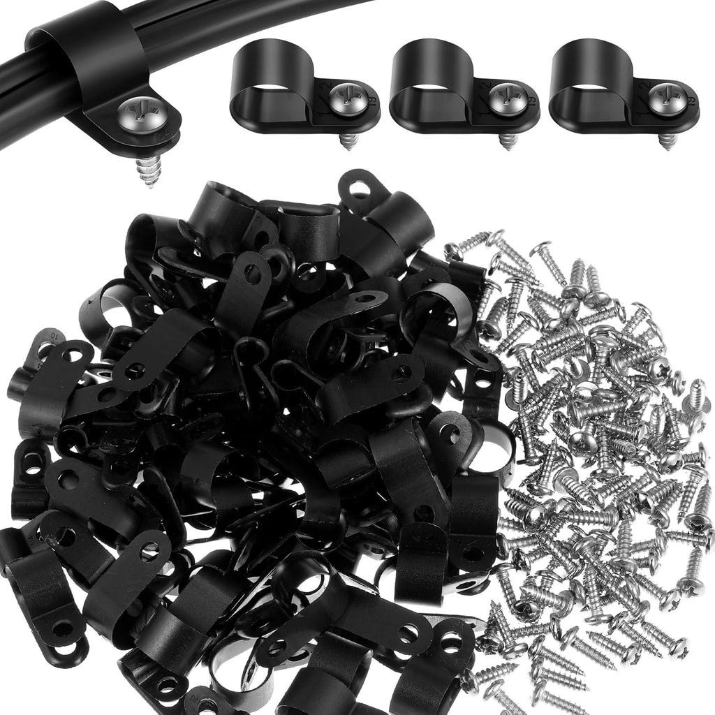 Hicarer 100 Pcs R-Type Cable Clips with Screws, 1/4" Wire Cord Organizer