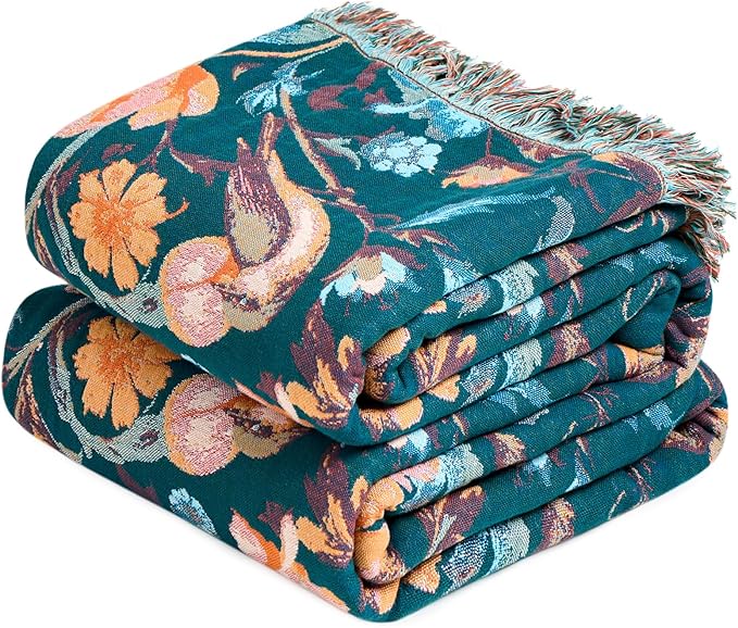 MSGKV Boho Throw Blanket for Couch 50"x60" Cotton Birds Floral Blanket Sofa by MSGKVHomeTextiles