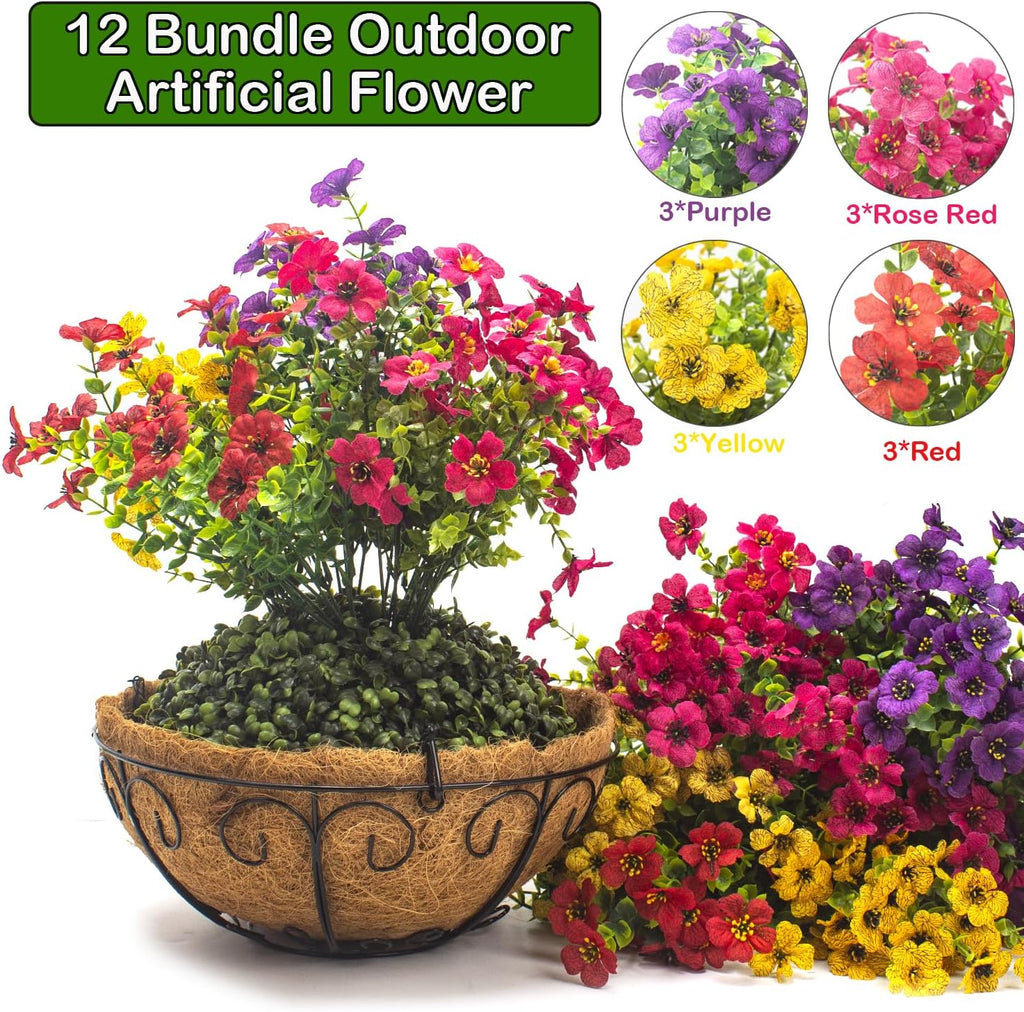 Grunyia Artificial Hanging Flowers Basket with Colorful Silk Daisies & Eucalyptus - UV/Sun-Resistant Plant for Outdoor Porch, Patio, Balcony - Indoor/Outdoor Home Decor