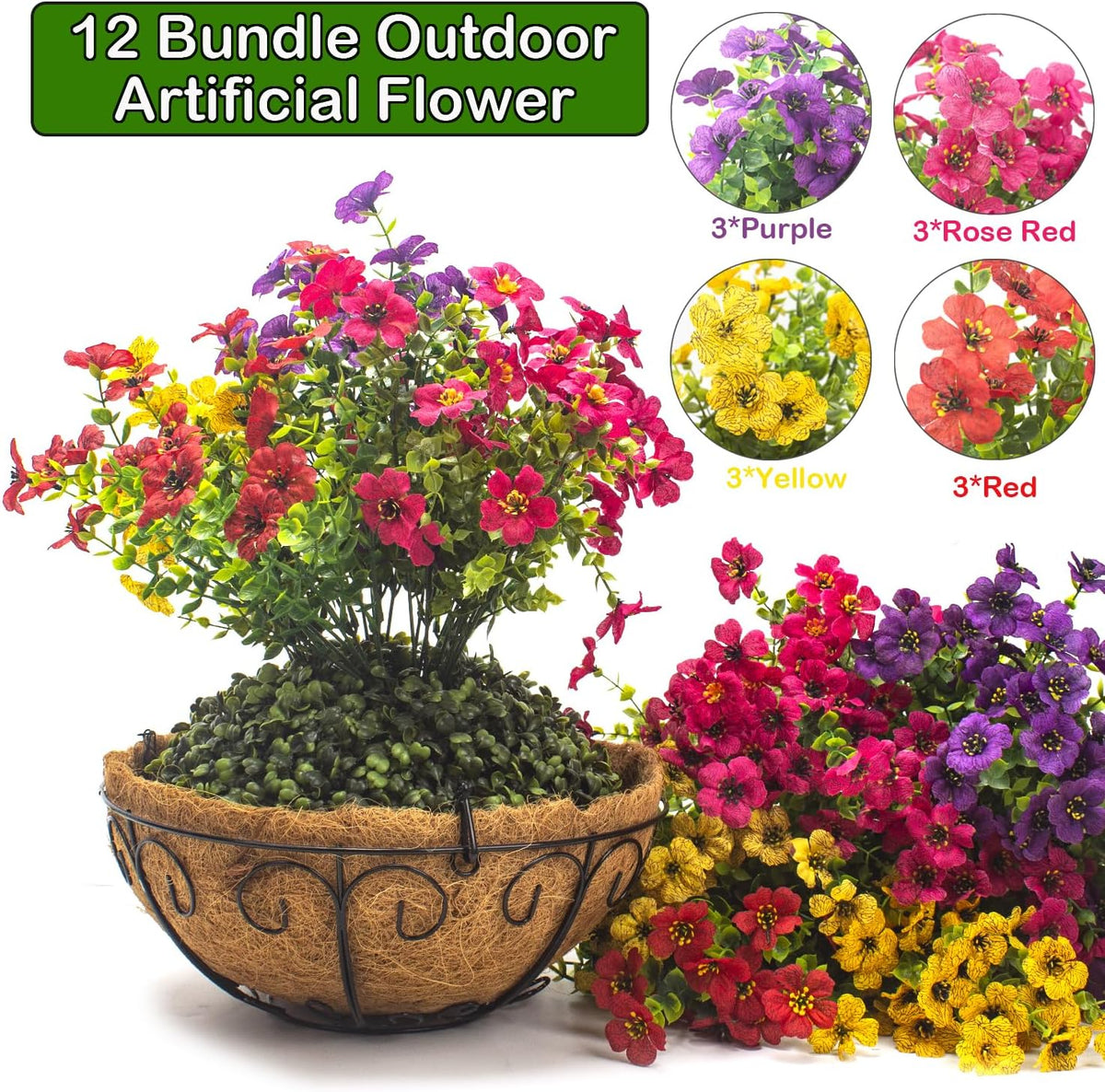 Grunyia Artificial Hanging Flowers Basket with Colorful Silk Daisies & Eucalyptus - UV/Sun-Resistant Plant for Outdoor Porch, Patio, Balcony - Indoor/Outdoor Home Decor