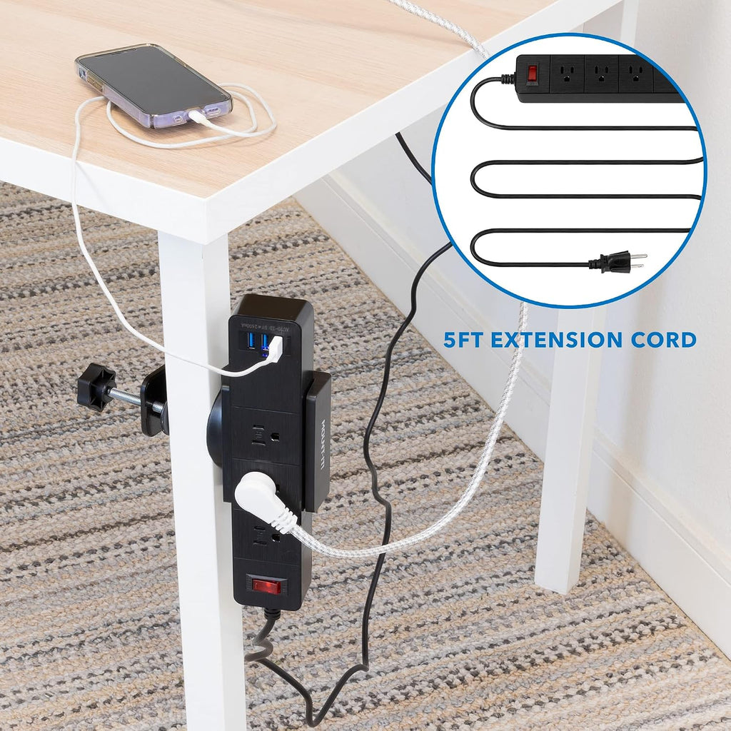 Mount-It! Desk Clamp Power Strip, 3 Outlets & 3 USB Ports