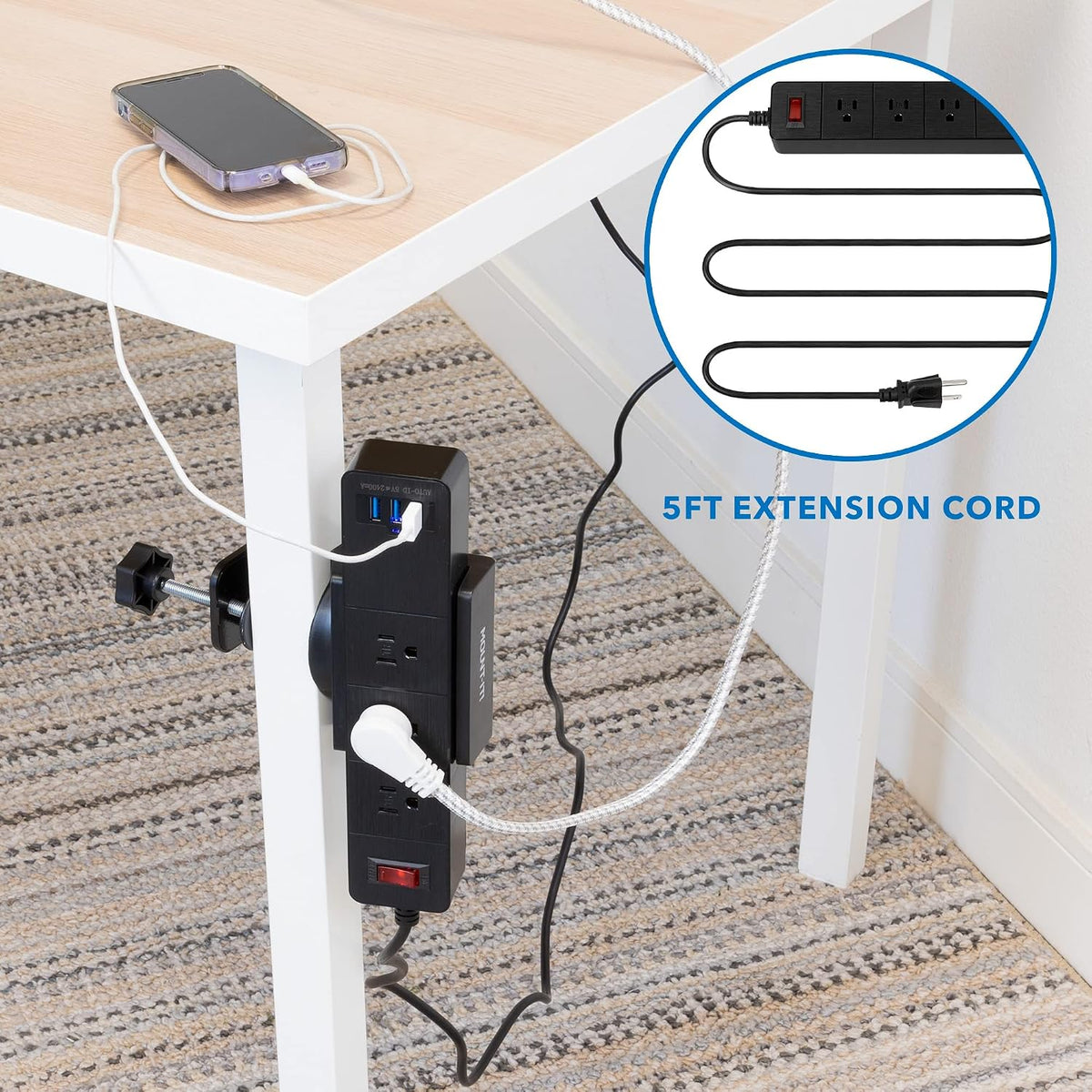 Mount-It! Desk Clamp Power Strip, 3 Outlets & 3 USB Ports