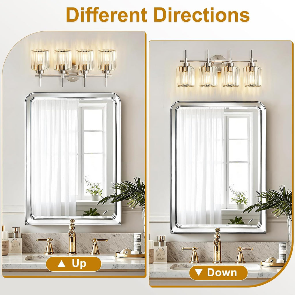 EJIAXIN Crystal Bathroom Vanity Lights, 4 Light Bath Mirror Light Brushed Nickel Round Crystal Wall Mount Light Fixture Over Mirror Morden for Living Room