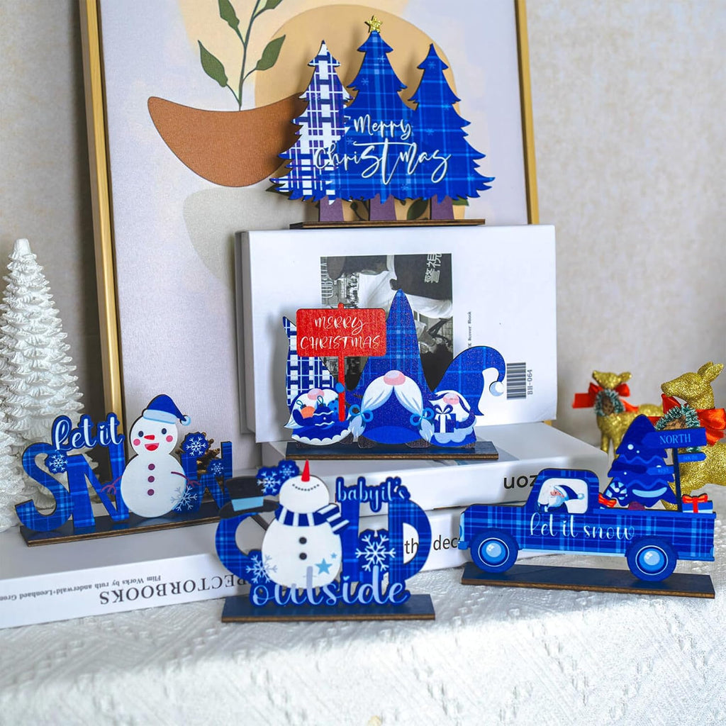 NEROSUN Christmas Table Decorations, 6Pcs Wreath and Lantern Standing Wooden Tabletop Decorations Signs, Merry Christmas Table Toppers for Xmas Home Winter Holiday Party Indoor Decor