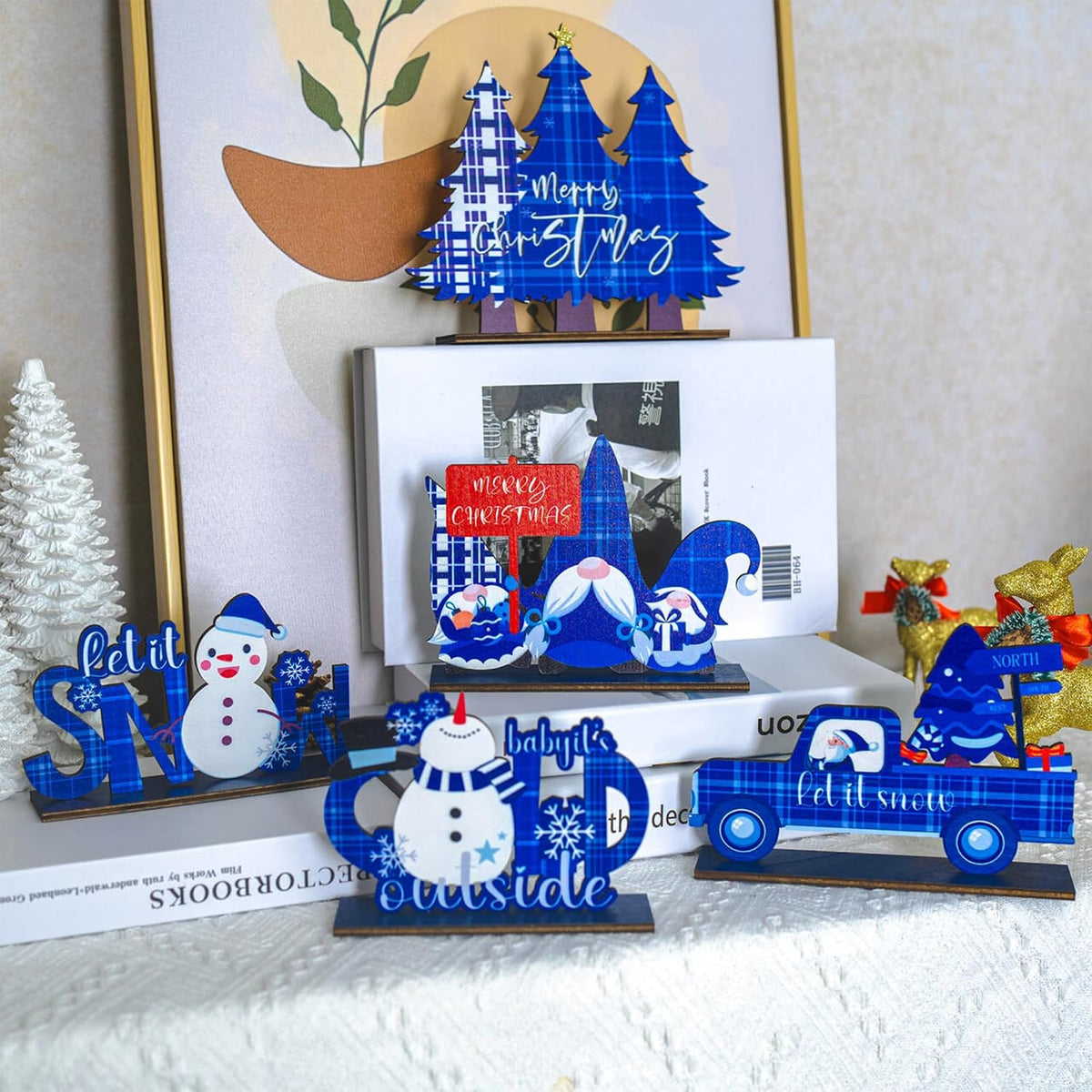 NEROSUN Christmas Table Decorations, 6Pcs Wreath and Lantern Standing Wooden Tabletop Decorations Signs, Merry Christmas Table Toppers for Xmas Home Winter Holiday Party Indoor Decor