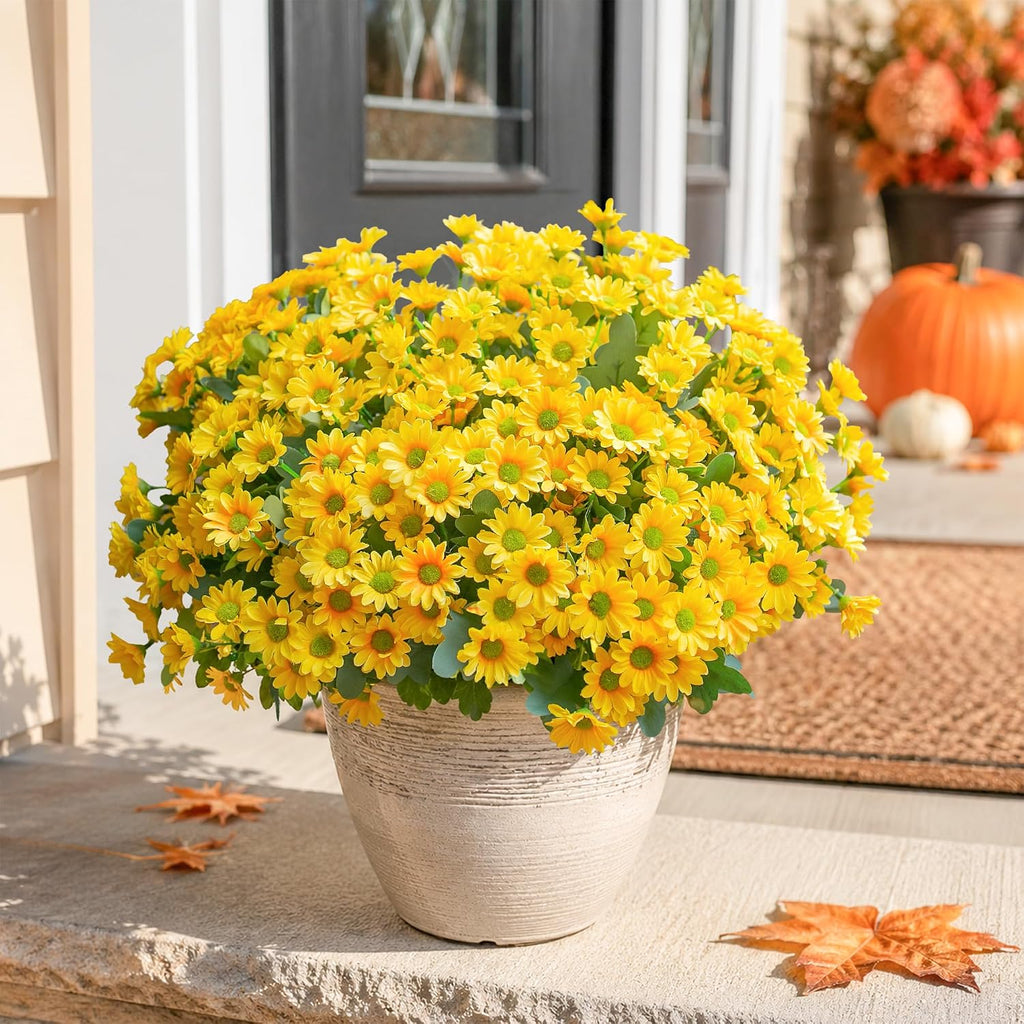 Daisy Artificial Flowers for Outdoors Fall Autumn Decoration, 6 Bundles Fake Mums Yellow Silk Flowers for Outside Look Real UV Resistant Faux Flowers Plants for Planter Front Door Home Indoor Porch