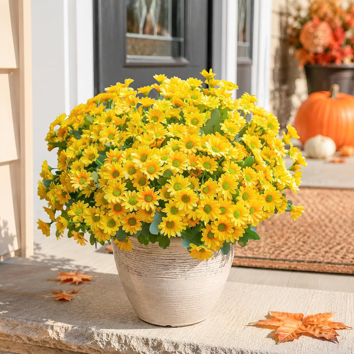 Daisy Artificial Flowers for Outdoors Fall Autumn Decoration, 6 Bundles Fake Mums Yellow Silk Flowers for Outside Look Real UV Resistant Faux Flowers Plants for Planter Front Door Home Indoor Porch