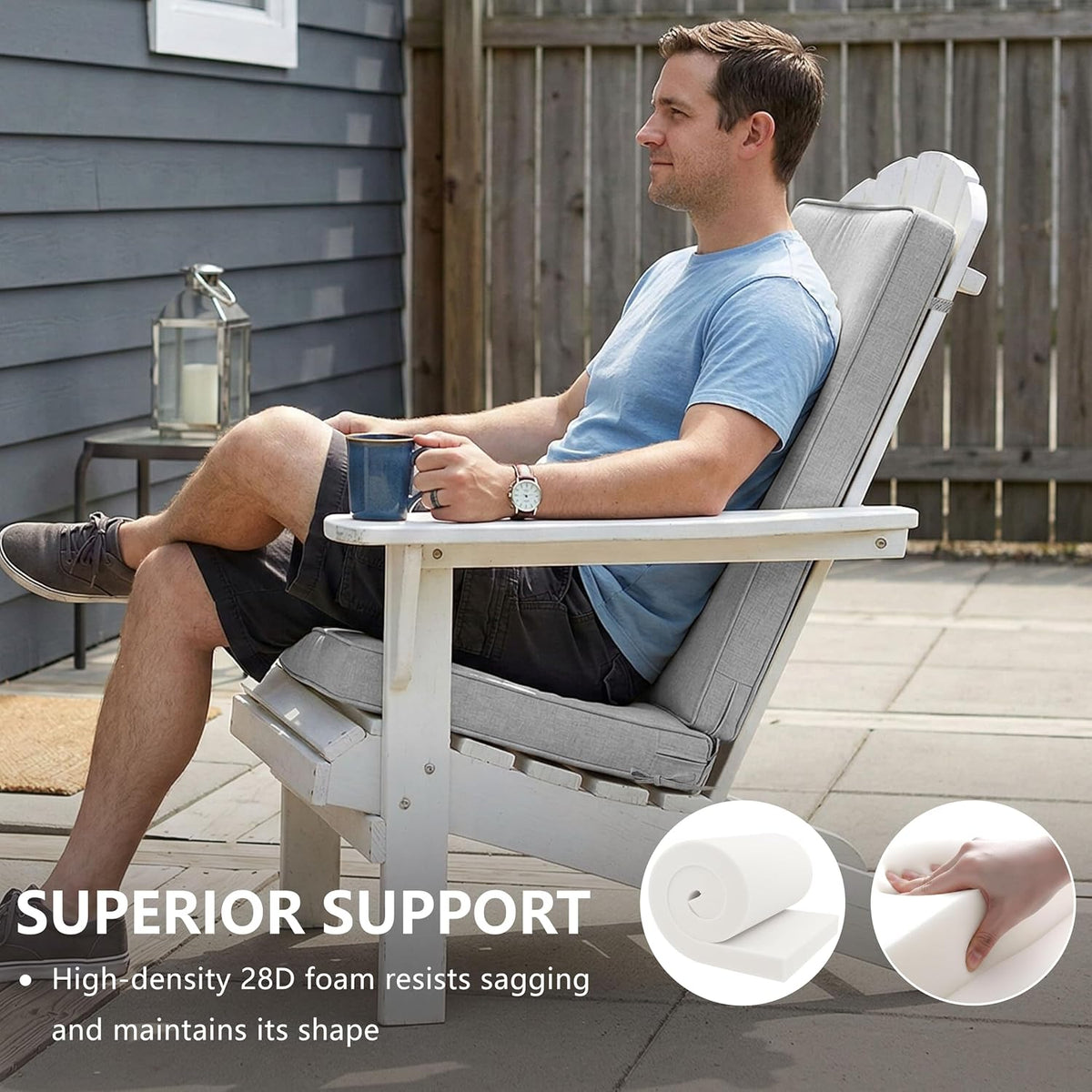 Adirondack Chair Cushion - Removable Cover, Water-Repellent & Fade-Resistant Faux Linen, Securing Straps, Non-Slip Bottom, Fit for Most Outdoor Adirondack & Rocking Chairs - Light Grey
