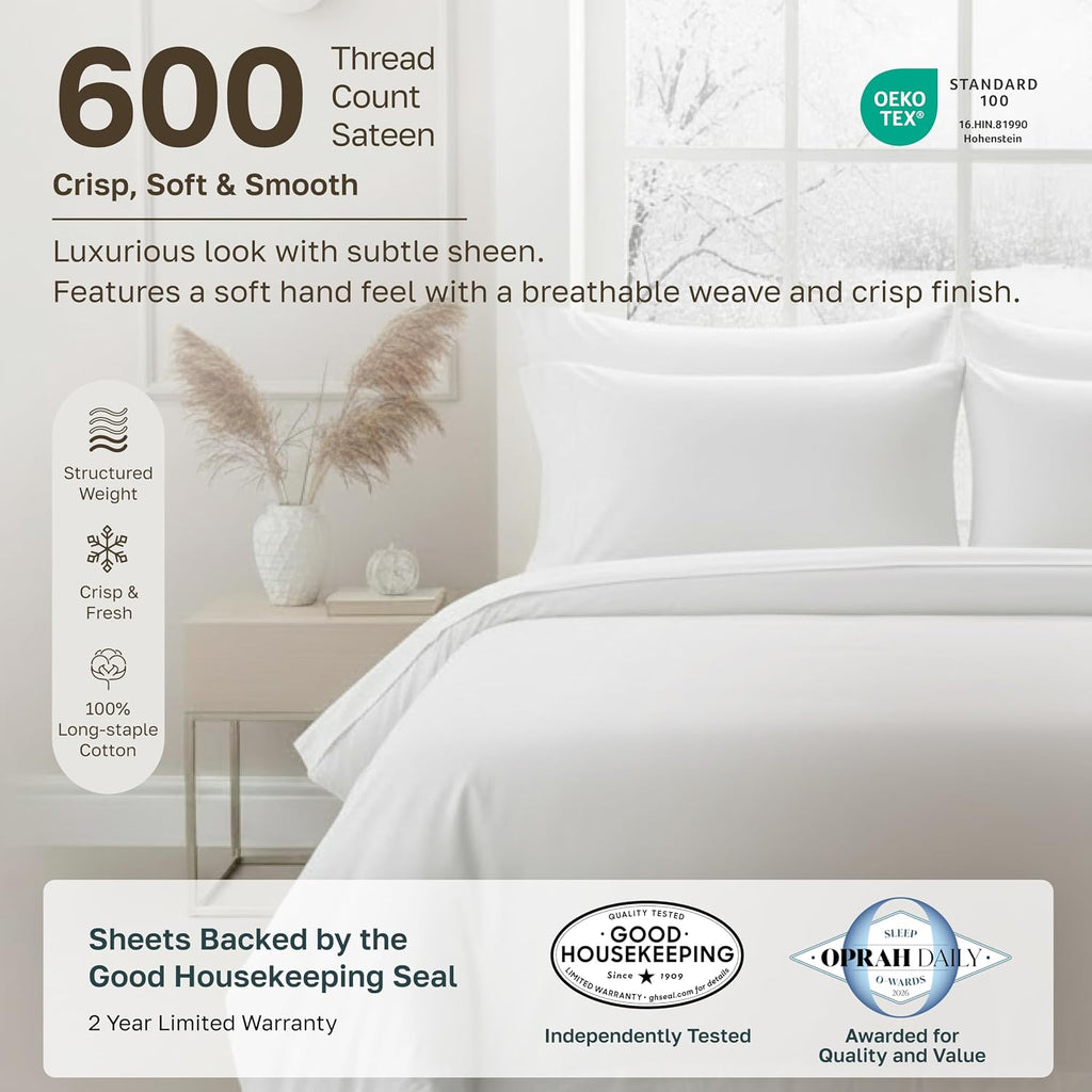 California Design Den Luxury 600 Thread Count Queen Sheets Set,Bright White