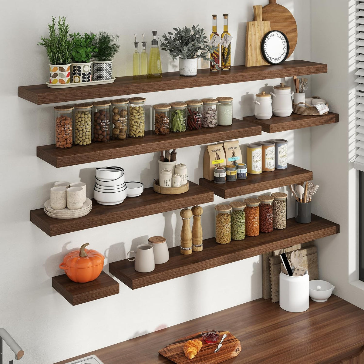 30 Inch Floating shelves for Wall, 8 Inch Deep, Invisible Brackets, Walnut