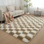 Checkered Area Rugs for Living Room 8x10, Fluffy Beige and White Checkered Rug - Image 2