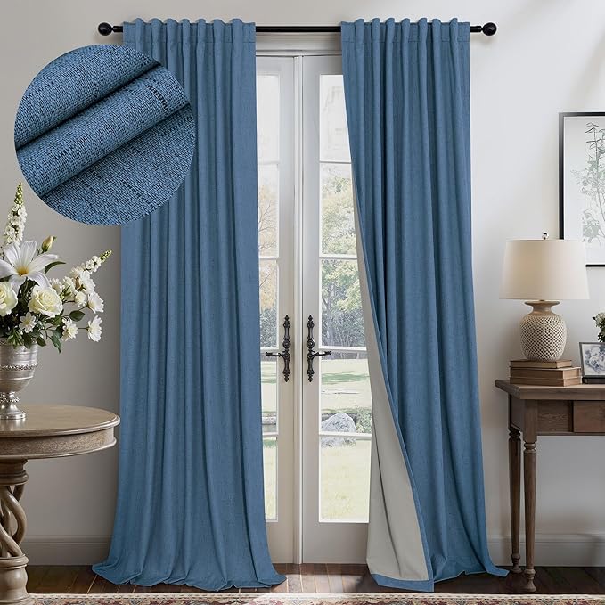 Denim Blue Blackout Drapes 96 Inches Long 2 Panel Burg Cute Linen Textured by Pitalk