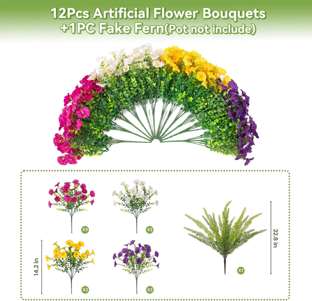 Artificial Flowers Fake Plants for Outdoors Decoration, 12 Bundles Silk Morning Glory with Boston Fern Realistic UV Resistant Faux Flowers for Outside Planter Yard Patio Garden Home Indoor Urn