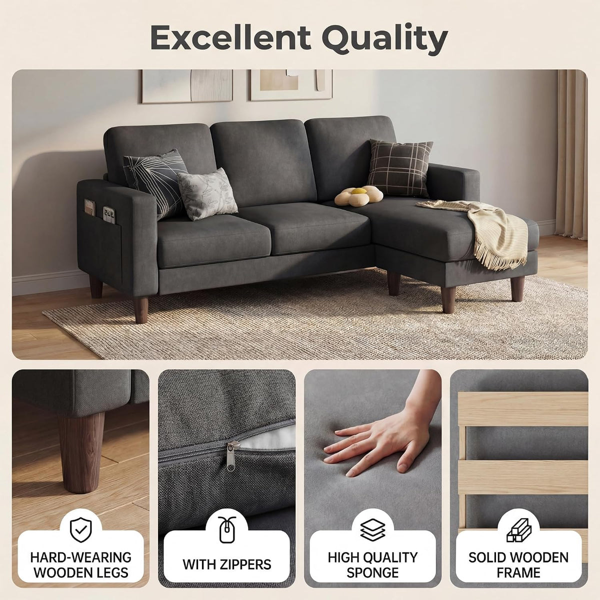 Homall 72" L Shaped Sofa Couches for Small Spaces, Apartment Charcoal Gray
