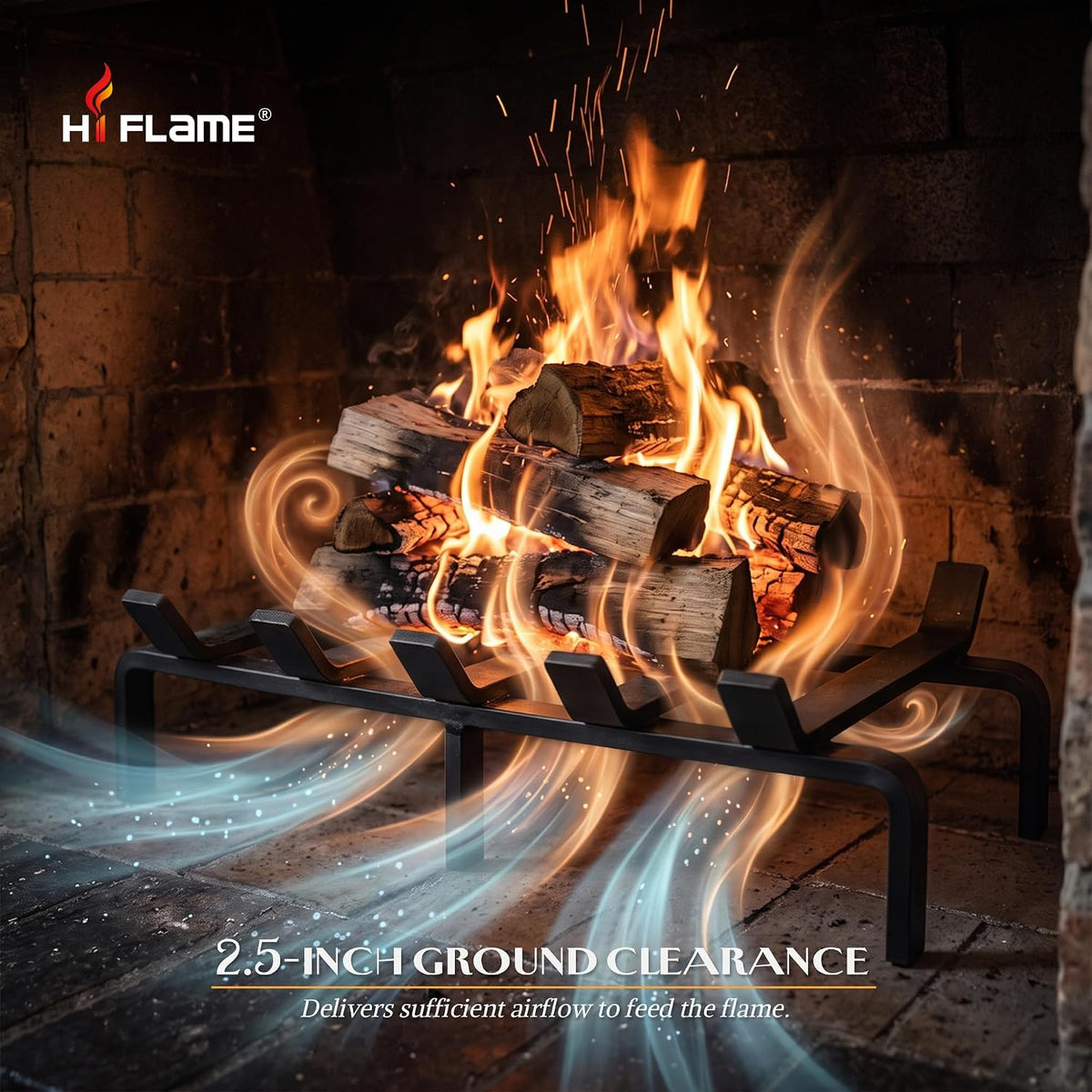 Hi Flame Fireplace Log Grate 17 Inch with Ember Retainer, Heavy Duty Solid Steel Fire Place Grate Wood Burning Stove Firewood Holder