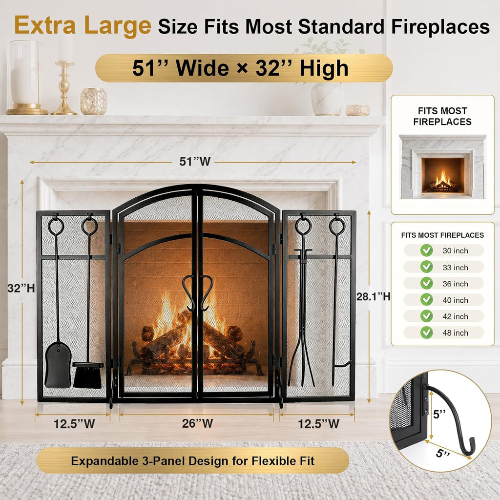 3 Panel Fireplace Screen with Doors & 4-Pcs Fireplace Tools Set