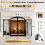 3 Panel Fireplace Screen with Doors & 4-Pcs Fireplace Tools Set