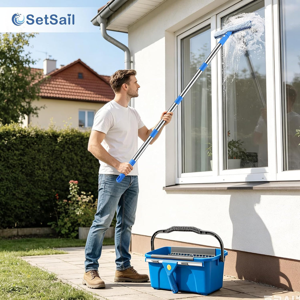 Window Cleaning Kit with Bucket 3 Gallon for Home Outdoor, Blue