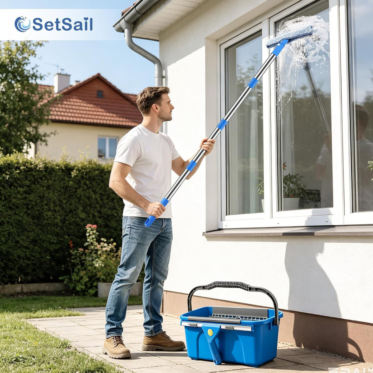 Window Cleaning Kit with Bucket 3 Gallon for Home Outdoor, Blue