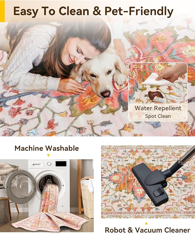 Area Rugs Square 4ft Washable Non-Slip, Floral Vintage Distress Print Pattern - Image 3