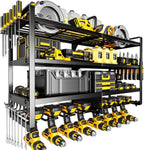 Large Power Tool Organizer Wall Mount,4 Layers Heavy Duty Metal Loads 400lbs,Power Tool Shelf Battery Storage with 8 Cordless Drill Holder,Utility Racks for Garage Workshop