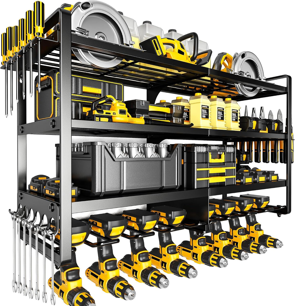 Large Power Tool Organizer Wall Mount,4 Layers Heavy Duty Metal Loads 400lbs,Power Tool Shelf Battery Storage with 8 Cordless Drill Holder,Utility Racks for Garage Workshop