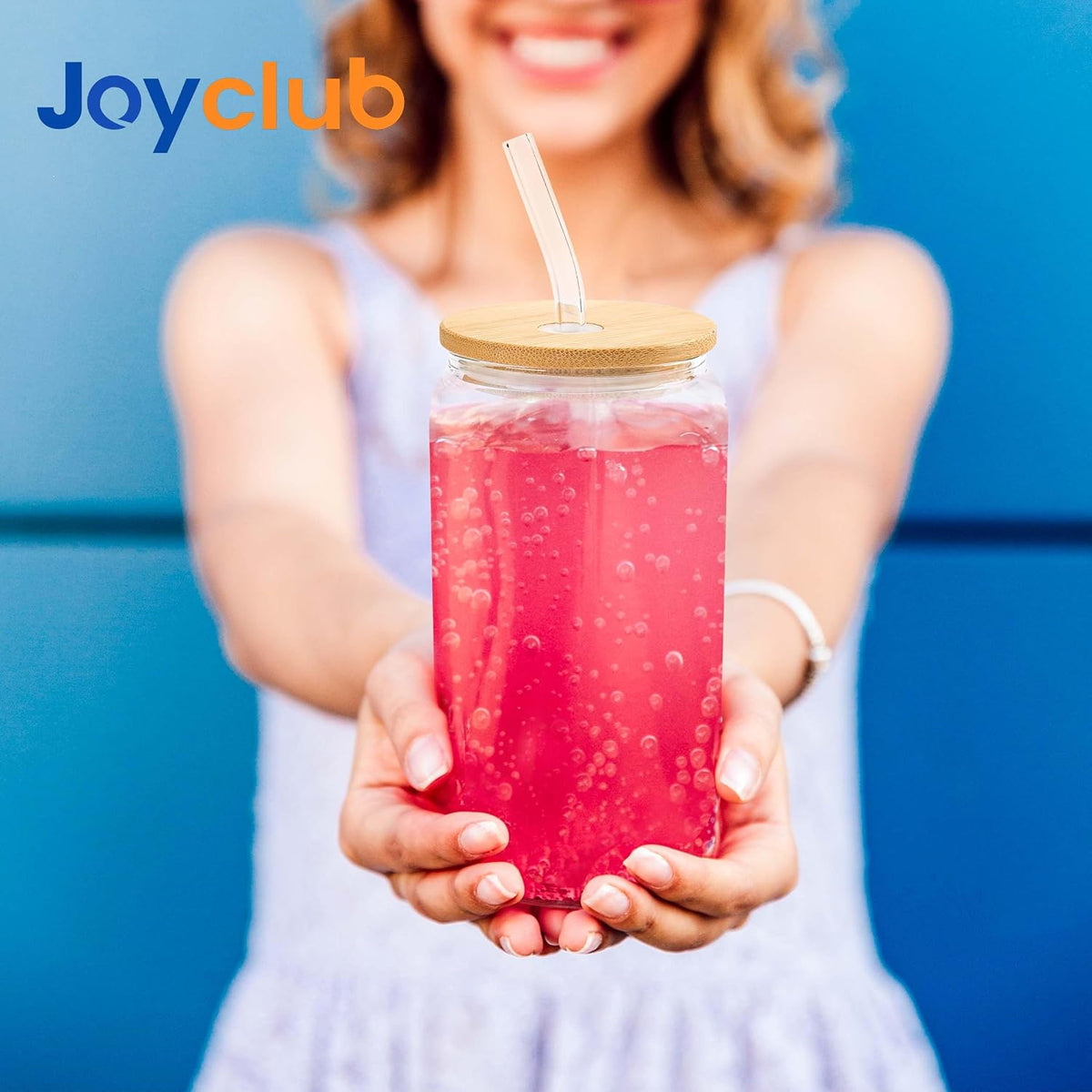 Joyclub 6pcs 16Oz Glass Cups with Bamboo Lids and Straws Drinking Glasses