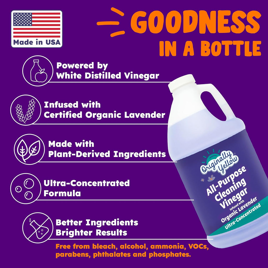 Originally Yellow Lavender Vinegar For Cleaning Purpose | USA Made All Purpose Cleaner | Use as a Floor, Glass, Kitchen, & Bathroom Cleaner | Plant Derived Vinegar Half Gallon | 64 Oz