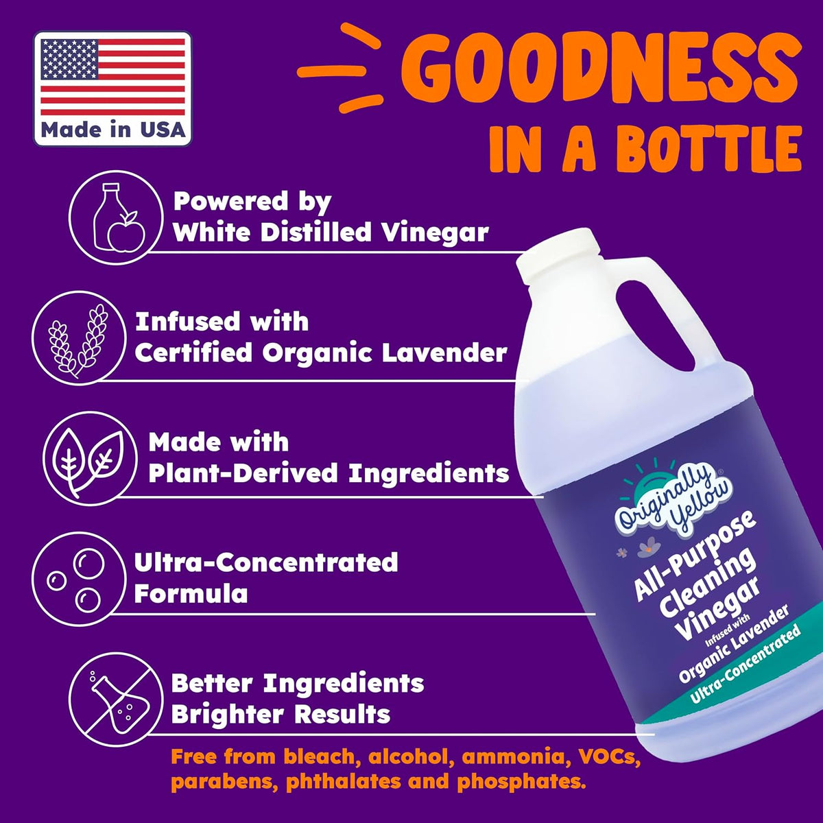 Originally Yellow Lavender Vinegar For Cleaning Purpose | USA Made All Purpose Cleaner | Use as a Floor, Glass, Kitchen, & Bathroom Cleaner | Plant Derived Vinegar Half Gallon | 64 Oz