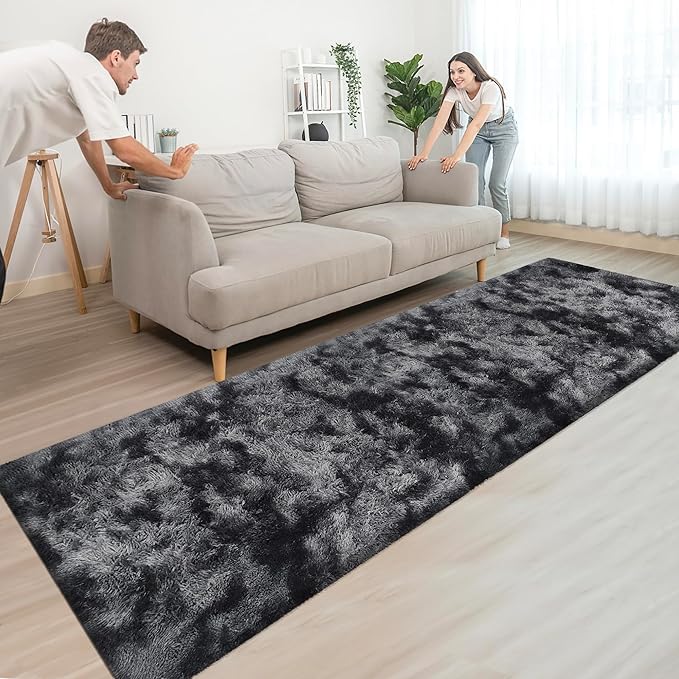 Tie-Dyed Runner Rug for Bedroom Black Grey 3x10ft Fluffy Area Rug Bedside - Image 4