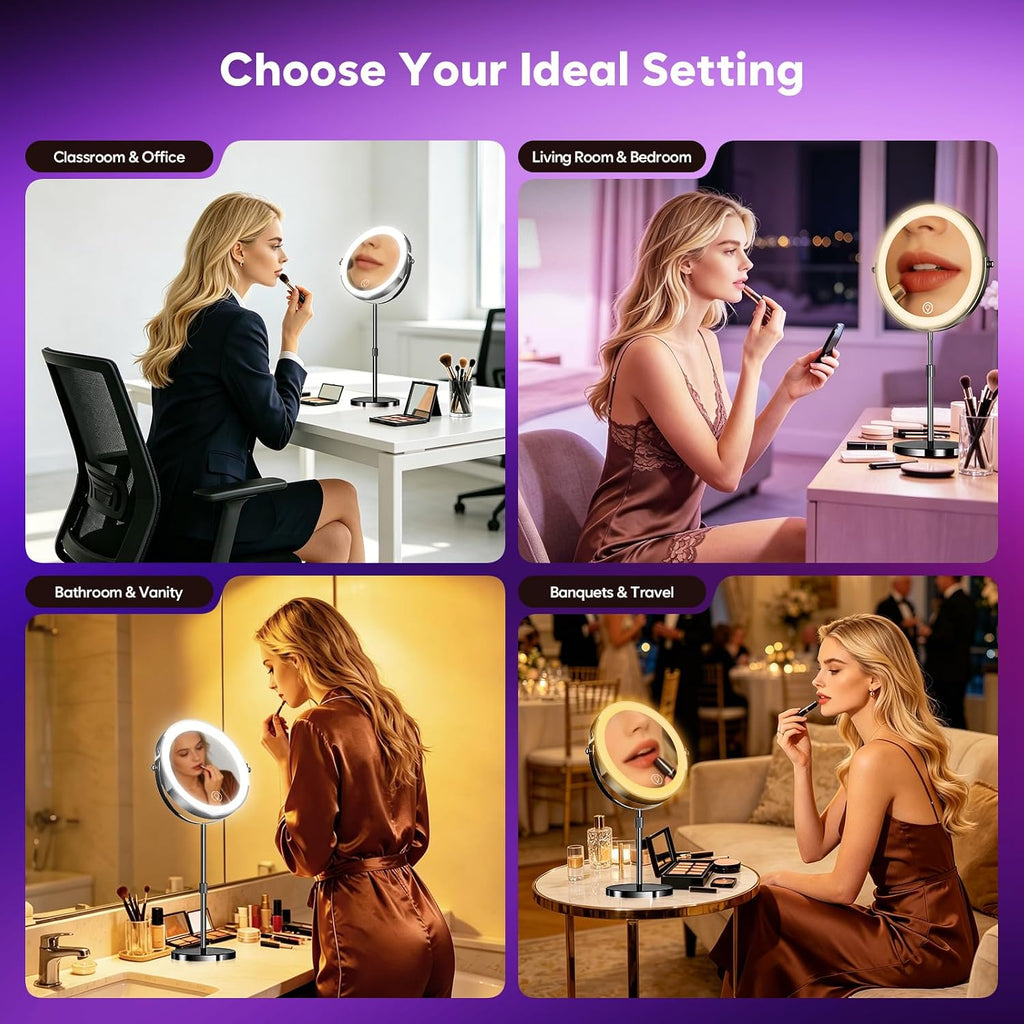 30X Magnifying Makeup Mirror with Lights, Height Adjustable Double Sided Vanity Mirror, 360° Rotation Cosmetic Mirror for Desk Bathroom - Black