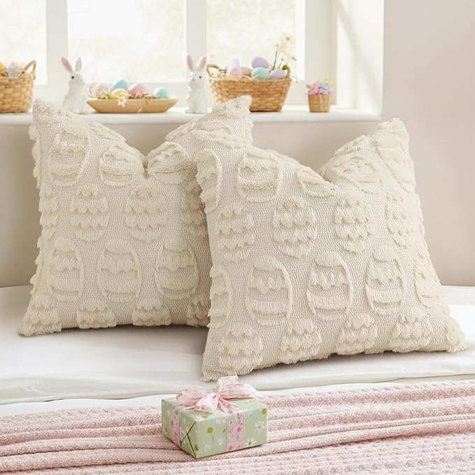decorUhome Easter Beige Egg Pillow Covers 18x18 Inch Set of 2, Soft Plush Faux - Image 5