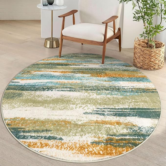Lansny Modern Abstract Round Rug 5Ft, Soft Circular Dining Room Rug Thin Print by lansny